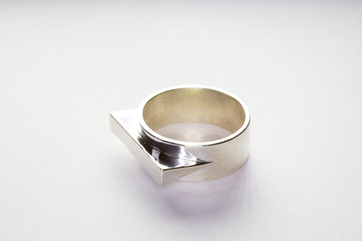 The JetSet Triangle ring, 3D printed in silver.