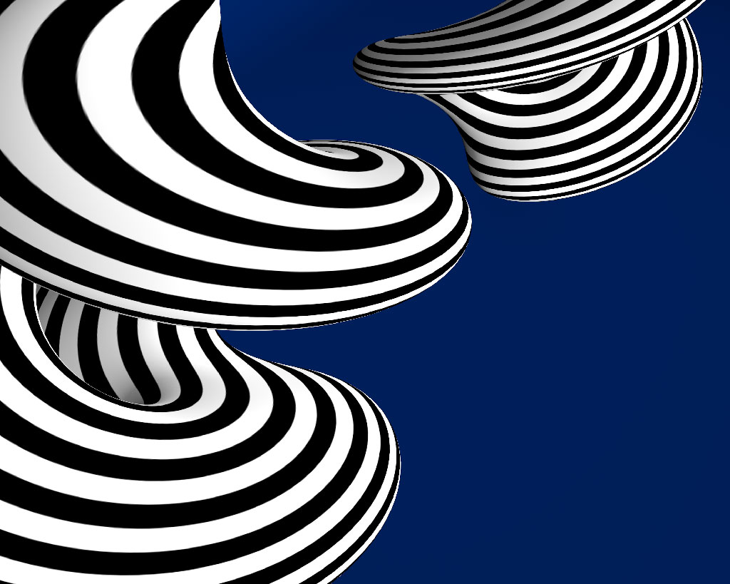 3D sculptures with black and white stripes on a dark blue background